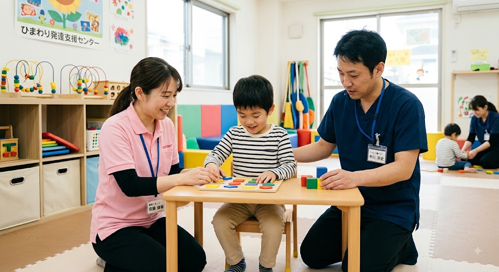 療育現場で専門職とスタッフが子どもを支援している様子
